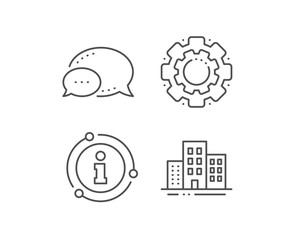 Buildings line icon. Chat bubble, info sign elements. City apartments sign. Architecture building symbol. Linear buildings outline icon. Information bubble. Vector