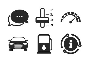 Car tachometer and automatic transmission symbols. Chat, info sign. Transport icons. Petrol or Gas station sign. Classic style speech bubble icon. Vector