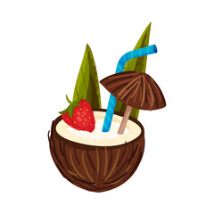 Coconut Cocktail With Strawberries And Brown Umbrella Vector Illustration Isolated On White Background