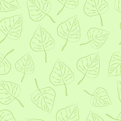 Beautiful seamless pattern of leaf outlines on green background.