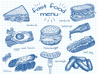 fast food menu, hamburger, snack, bread, burger, sandwich, chicken, poster,   breakfast,  eggs, sausage, bacon, salami, ketchup, omelet - 292824801
