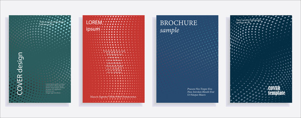 Minimalistic cover design templates. Set of layouts for covers of books, albums, notebooks, reports, magazines. Line halftone gradient effect, flat modern abstract design. Geometric mock-up texture