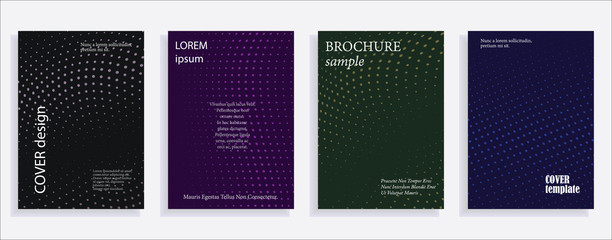 Minimalistic cover design templates. Set of layouts for covers of books, albums, notebooks, reports, magazines. Line halftone gradient effect, flat modern abstract design. Geometric mock-up texture