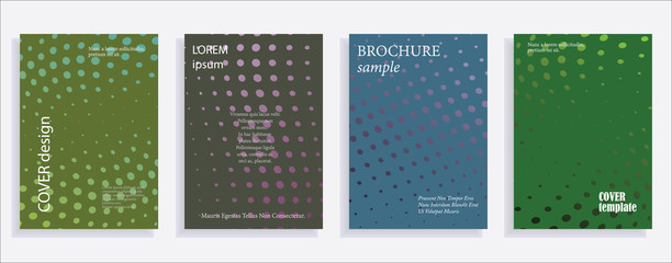 Minimalistic cover design templates. Set of layouts for covers of books, albums, notebooks, reports, magazines. Line halftone gradient effect, flat modern abstract design. Geometric mock-up texture