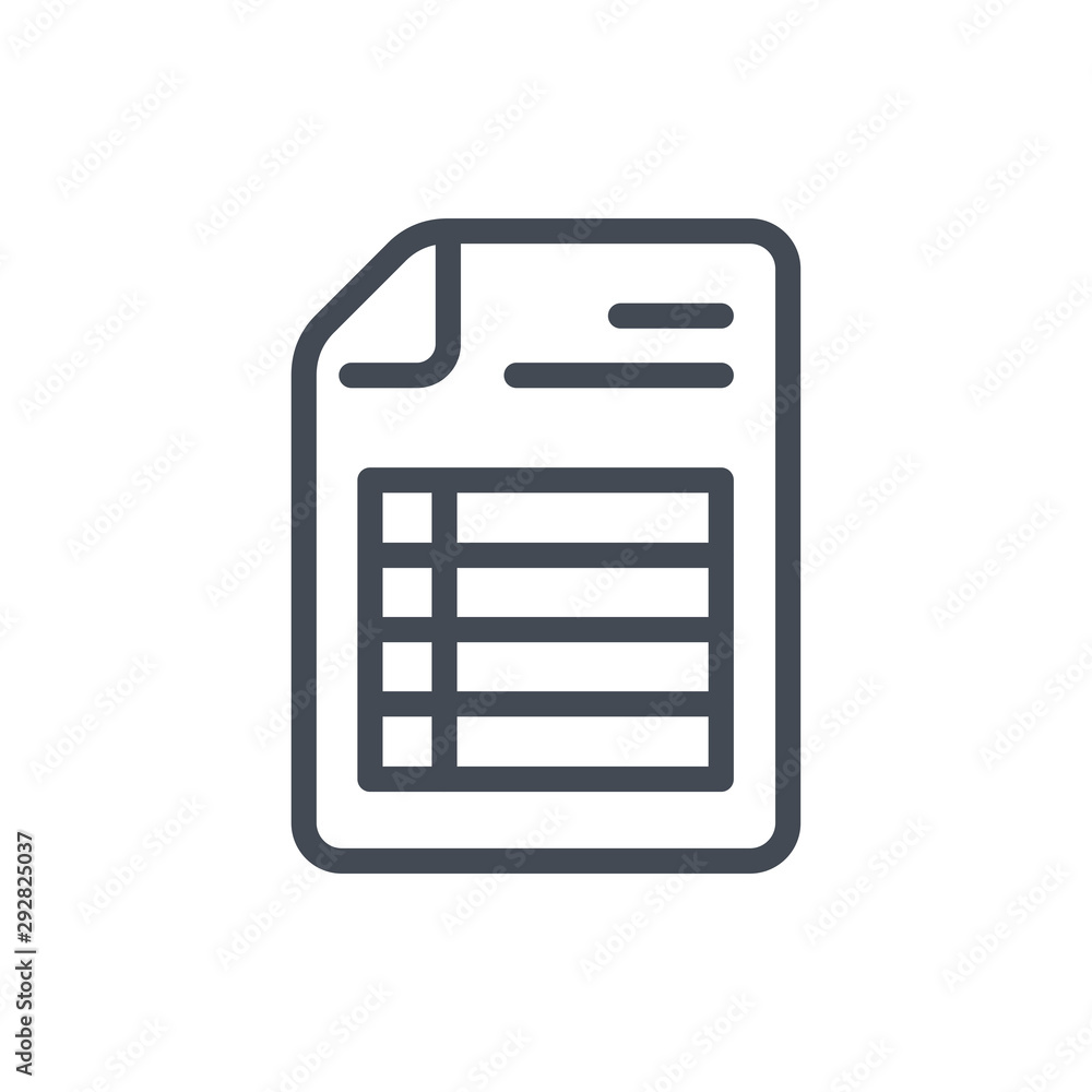 Fototapete Document with spreadsheet line icon. File with pivot table page vector outline sign.