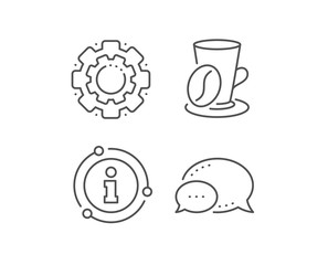 Coffee cup with bean line icon. Chat bubble, info sign elements. Hot latte sign. Tea drink mug symbol. Linear coffee cup outline icon. Information bubble. Vector