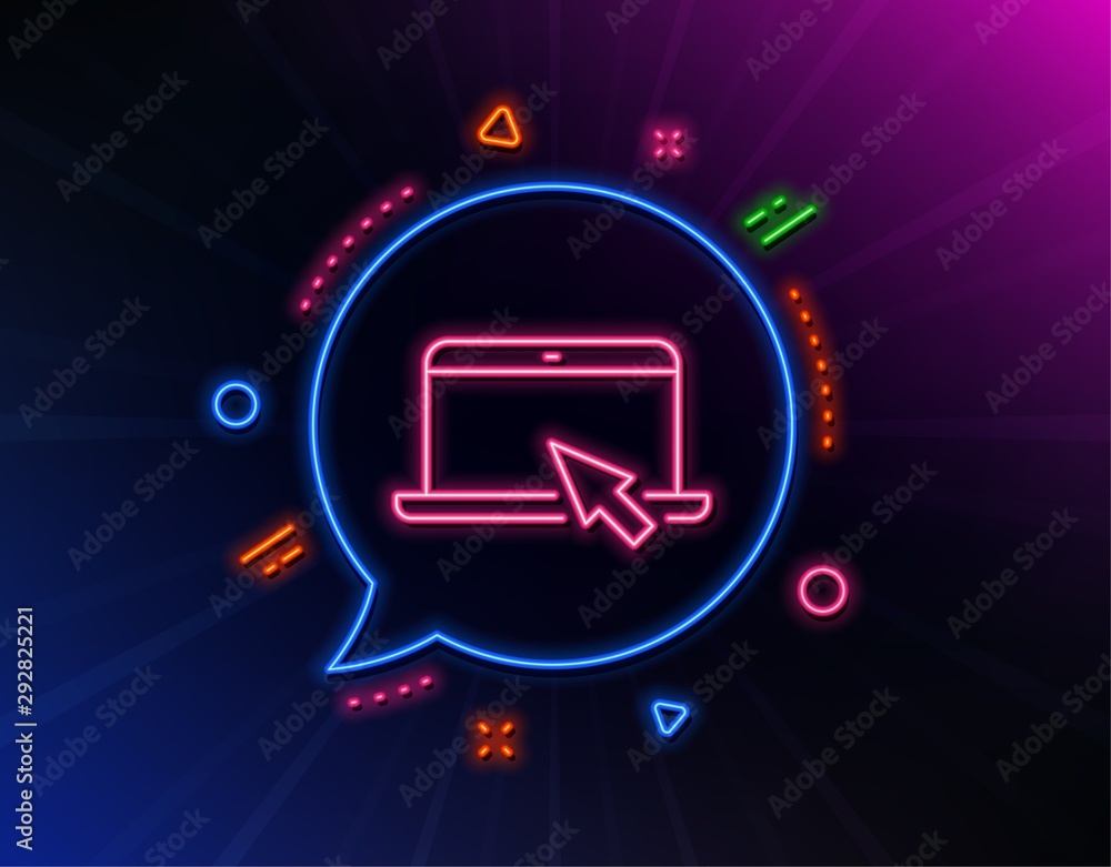 Poster laptop computer icon. neon laser lights. notebook with mouse cursor sign. portable personal computer