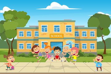school building and children in the front yard of the school.