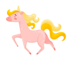 Obraz na płótnie Canvas Running Pink Unicorn With Waving Golden Mane And Tail Vector Illustration