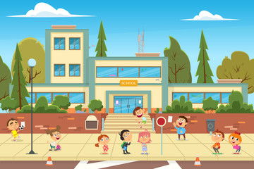Modern school, college building on city street background.