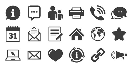 Set of Communication, Conference and Information icons. Information, chat bubble icon. E-Mail, Printer and Internet signs. Speech bubble, Support and Phone call symbols. Quality set. Vector