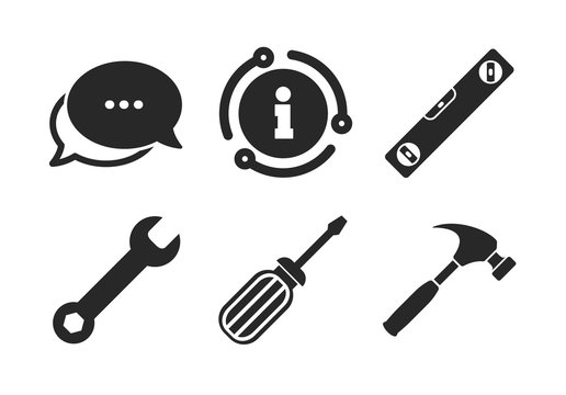 Bubble level and hammer sign symbols. Chat, info sign. Screwdriver and wrench key tool icons. Classic style speech bubble icon. Vector