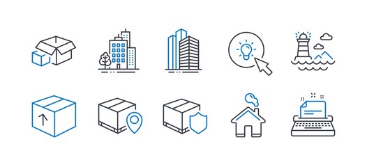 Set of Industrial icons, such as Package, Buildings, Delivery insurance, Skyscraper buildings, Lighthouse, Parcel tracking, Energy, Home, Packing boxes, Typewriter line icons. Vector