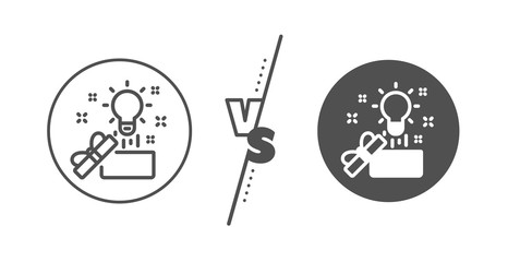 Creativity sign. Versus concept. Out of the box line icon. Gift box with idea symbol. Line vs classic creative idea icon. Vector