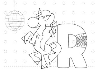 Letter R and funny cartoon unicorn. Animals alphabet a-z. Coloring page. Printable worksheet. Handwriting practice. Unicorns at the disco.