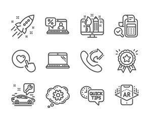 Set of Technology icons, such as Like button, Augmented reality, Car service, Online loan, Bill accounting, Loyalty award, Cogwheel, Startup rocket, Laptop, Creative design, Quick tips. Vector