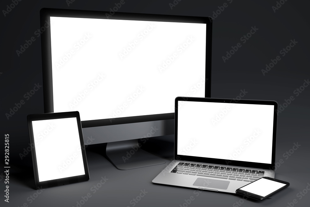 Aufkleber mock up of devices on a dark background - 3d rendering
