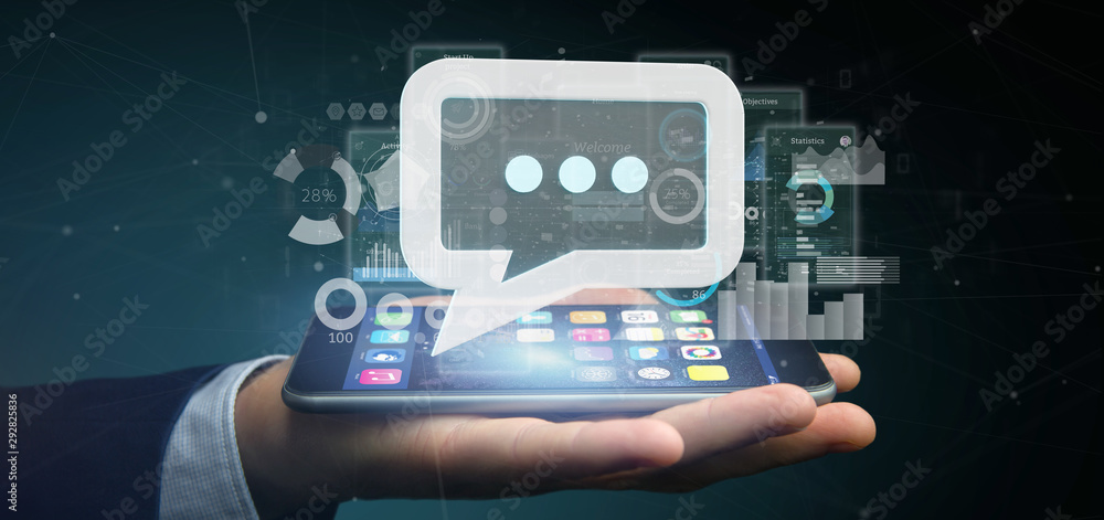 Poster view of a businessman holding a message icon with data in background - 3d rendering