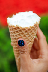 Ice cream horn in hand in the park