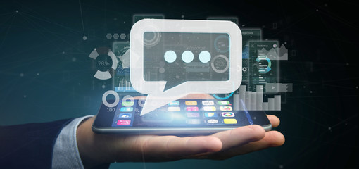 View of a Businessman holding a message icon with data in background - 3d rendering