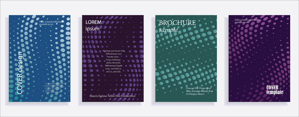 Minimalistic cover design templates. Set of layouts for covers of books, albums, notebooks, reports, magazines. Line halftone gradient effect, flat modern abstract design. Geometric mock-up texture