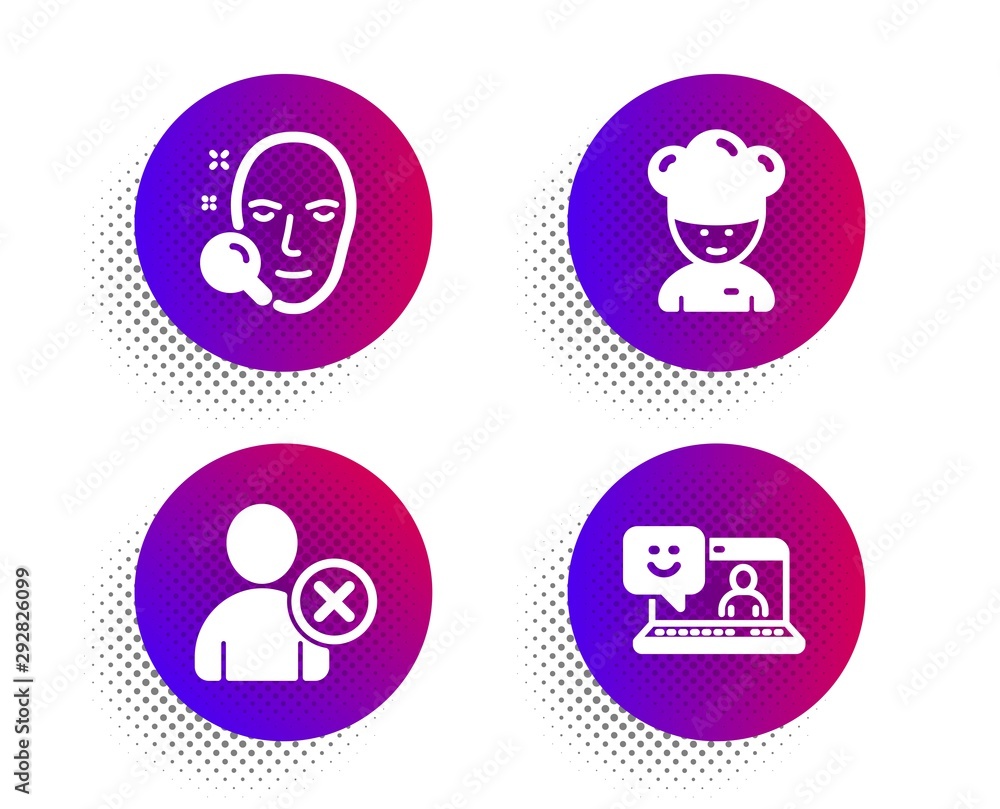 Poster face search, delete user and cooking chef icons simple set. halftone dots button. smile sign. find u