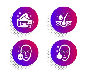 Cream, Serum oil and Uv protection icons simple set. Halftone dots button. Healthy face sign. Best lotion, Healthy hairs, Ultraviolet. Beauty set. Classic flat cream icon. Vector