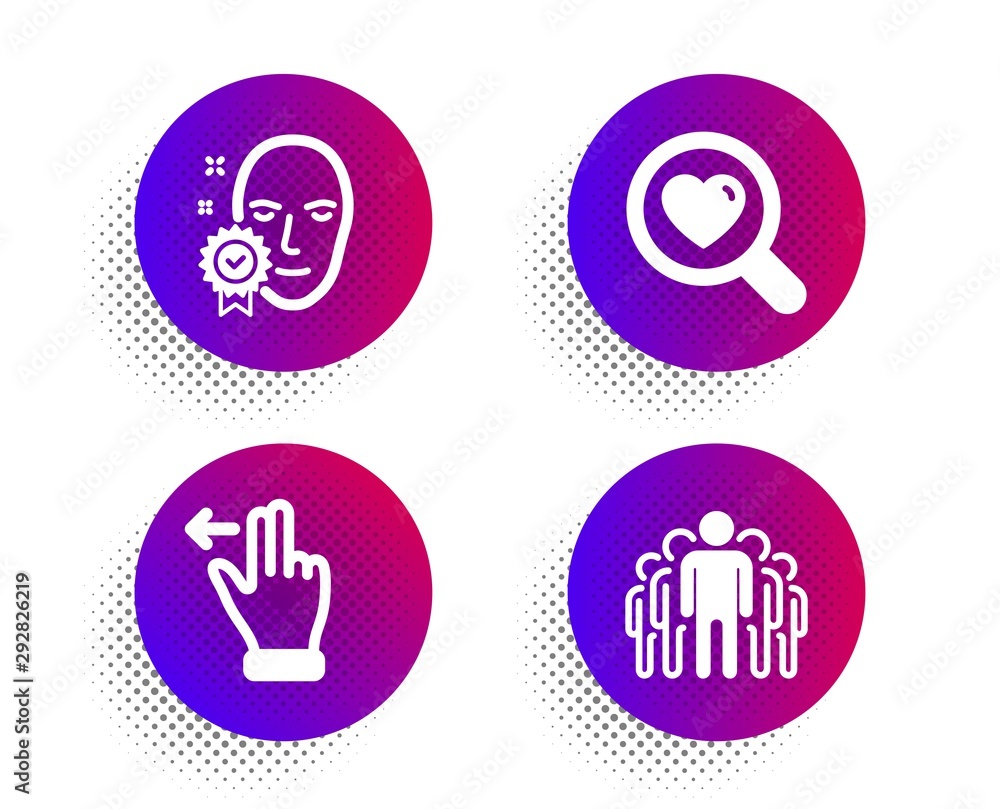 Poster face verified, touchscreen gesture and search love icons simple set. halftone dots button. group sig