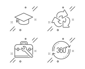 Graduation cap, Recycle and Tool case line icons set. Full rotation sign. University, Recycling waste, Repair service. 360 degree. Line graduation cap outline icon. Vector