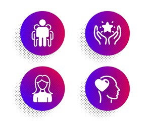 Group, Ranking and Woman icons simple set. Halftone dots button. Friend sign. Managers, Hold star, Girl profile. Love. People set. Classic flat group icon. Vector