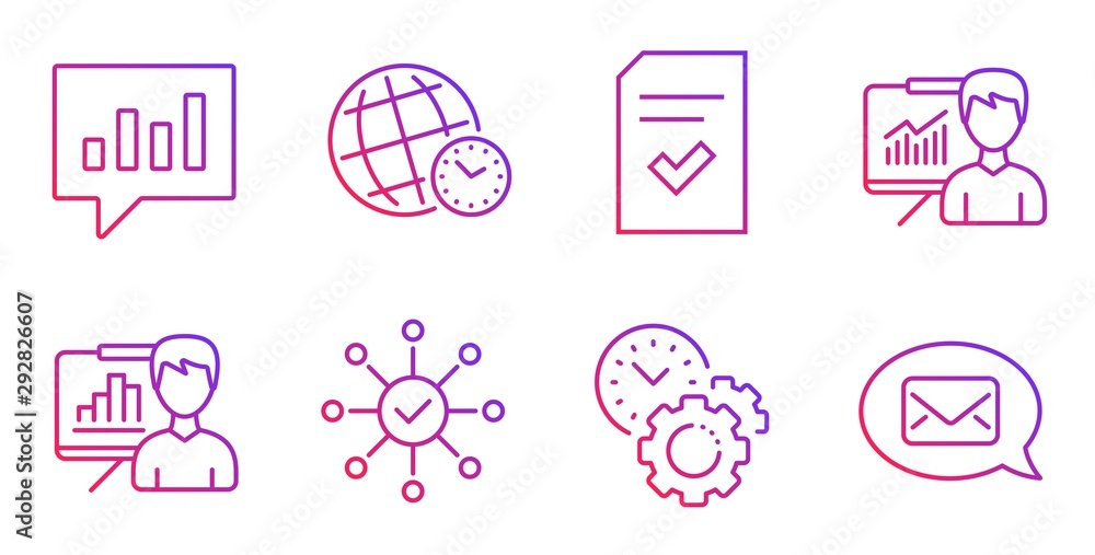 Aufkleber presentation board, survey check and analytical chat line icons set. time management, checked file a