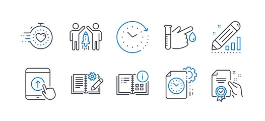 Set of Science icons, such as Partnership, Swipe up, Blood donation, Engineering documentation, Timer, Project deadline, Instruction info, Time change, Edit statistics, Certificate. Vector