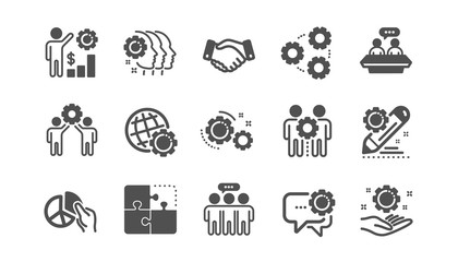 Employees benefits icons. Business strategy, handshake and people collaboration. Teamwork, social responsibility, people relationship icons. Classic set. Quality set. Vector