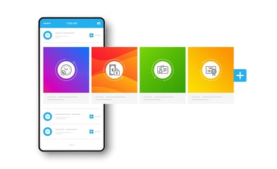 Loan percent, Private payment and Id card line icons set. Interface carousel. Certificate sign. Discount, Secure finance, Human document. Verified document. Technology set. Social network post. Vector