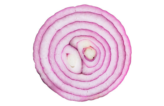 Slices Isolated onion. One red whole onion isolated on white background with clipping path and copy space. Red Onion slices bulbs isolated on white.