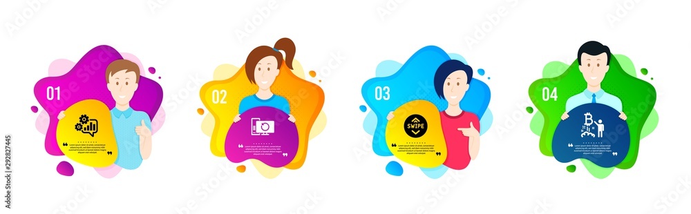 Poster cogwheel, swipe up and recovery computer icons simple set. people shapes timeline. bitcoin project s