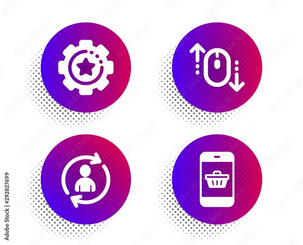Poster person info, settings gear and scroll down icons simple set. halftone dots button. smartphone buying