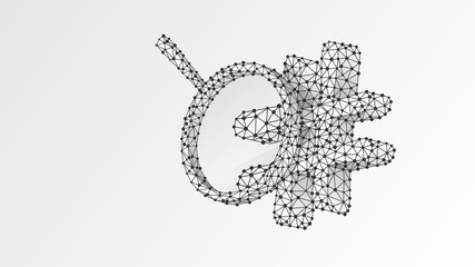 Magnifying glass on Hashtag, number mark. Chat communication analysis, media community search concept. Abstract, digital, wireframe, low poly mesh, Raster white origami 3d illustration. Line, dot