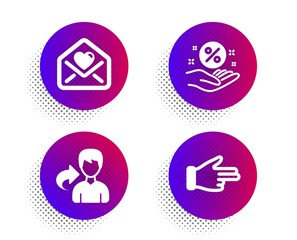 Love letter, Loan percent and Share icons simple set. Halftone dots button. Click hand sign. Heart, Discount hand, Male user. Direction finger. People set. Classic flat love letter icon. Vector