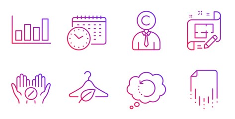 Slow fashion, Recovery data and Medical tablet line icons set. Architect plan, Copyrighter and Report diagram signs. Calendar time, Recovery file symbols. Eco tested, Backup info. Vector