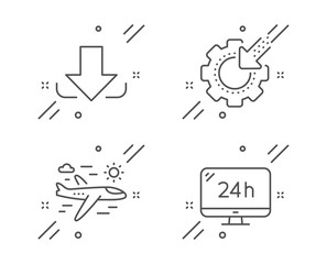 Airplane travel, Download and Seo gear line icons set. 24h service sign. Trip flight, Load file, Cogwheel. Call support. Business set. Line airplane travel outline icon. Vector