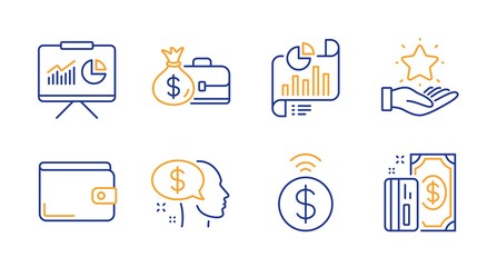 Pay, Money wallet and Contactless payment line icons set. Salary, Loyalty program and Report document signs. Presentation, Payment symbols. Beggar, Diplomat with money bag. Finance set. Vector
