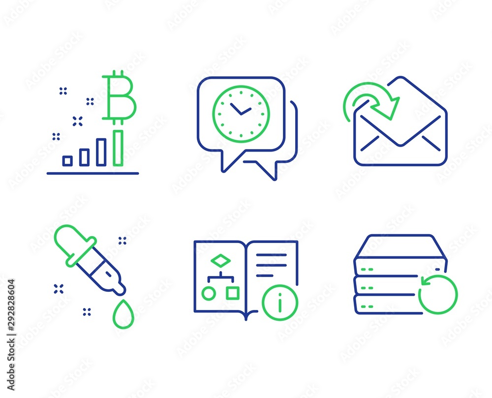 Poster bitcoin graph, chemistry pipette and clock line icons set. technical algorithm, receive mail and rec