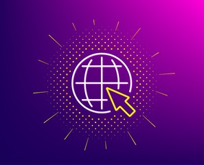 Globe with mouse cursor line icon. Halftone pattern. World or Earth sign. Global Internet symbol. Gradient background. Internet line icon. Yellow halftone pattern. Vector