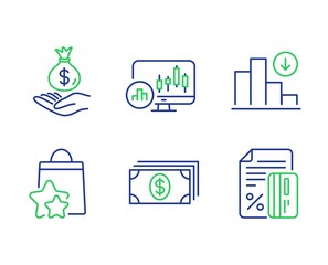 Banking, Decreasing graph and Candlestick chart line icons set. Loyalty points, Income money and Credit card signs. Money payment, Crisis chart, Report analysis. Bonus bags. Finance set. Vector