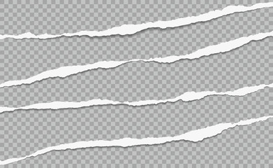 Obraz premium Torn, ripped white horizontal paper strips with soft shadow are on grey squared background. Vector template illustration