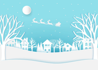 Obraz na płótnie Canvas Winter landscape with houses and trees.Santa Claus on the sky in winter season.Merry Christmas and Happy New Year. paper art design.Vector EPS 10.