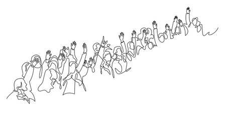 Fototapeta na wymiar Cheerful crowd cheering illustration. Hands up. Group of applause people continuous one line vector drawing.