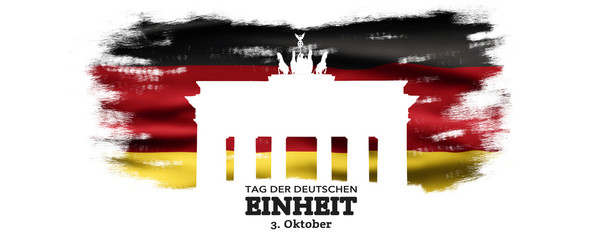 Germany National Holiday. German flag with white background, Brandenburger Gate and National colors. Unification. Text: Unity Day Germany (in German)