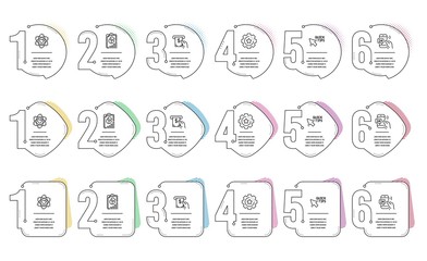 Atom, Quick tips and 24h service line icons set. Infographic timeline. Report, Atm service and Settings gear signs. Electron, Helpful tricks, Call support. Presentation chart. Technology set. Vector